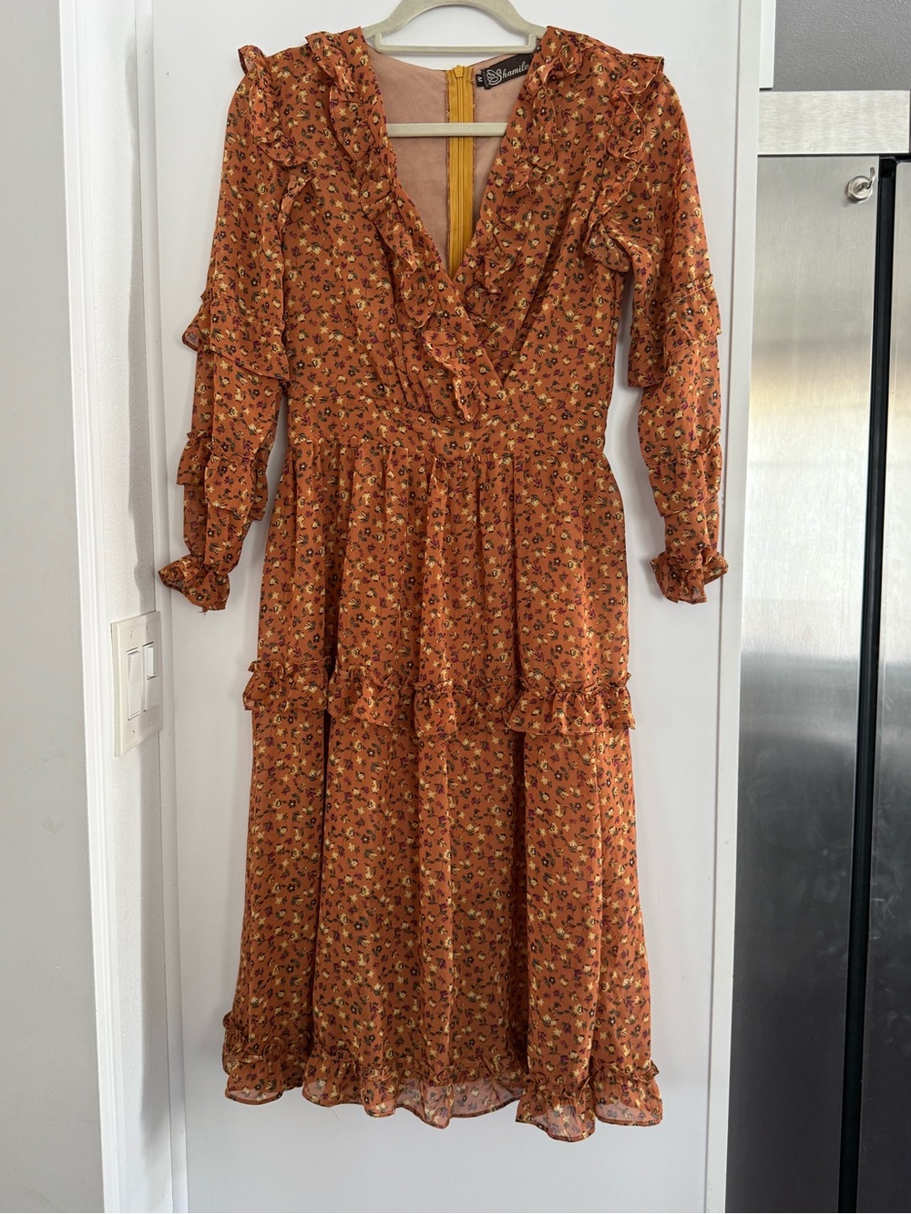 Ruffled Floral Midi Dress - Rust